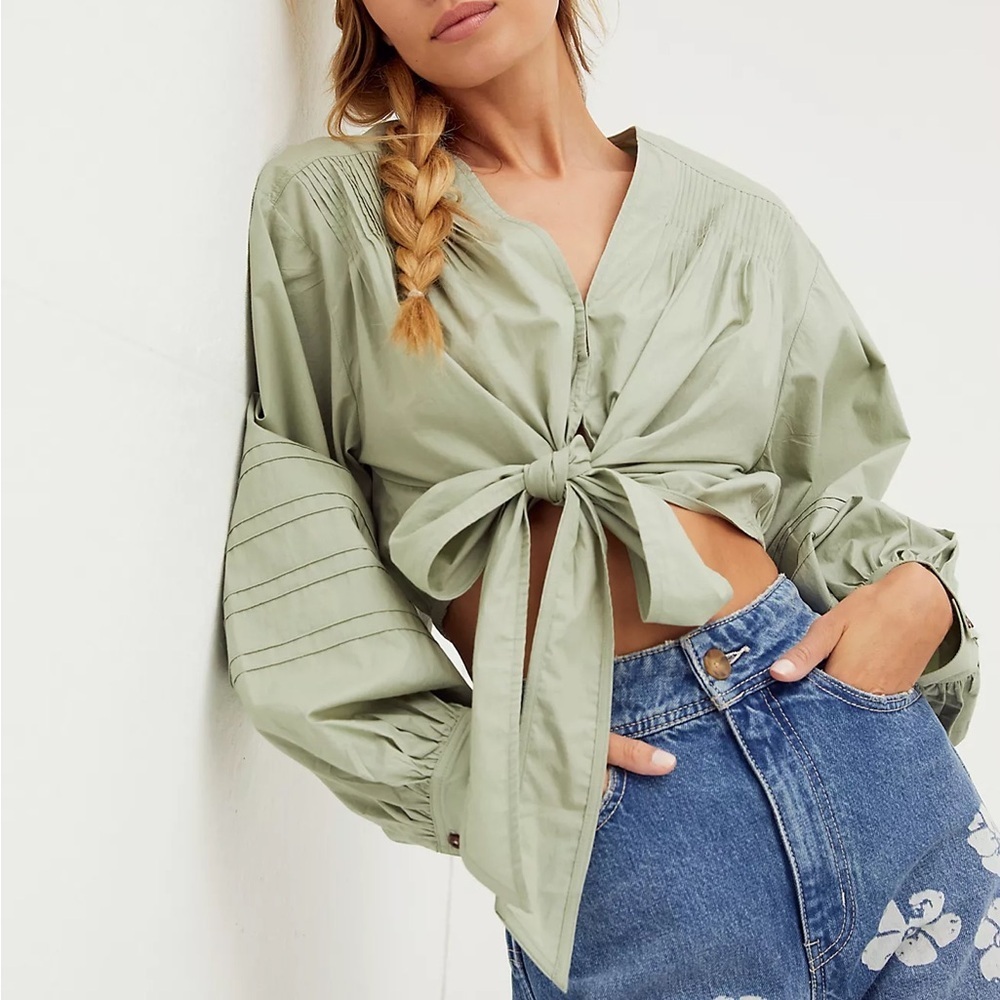 Free People Green 100% Cotton Gigi Tie Front Crop Top Size Small P